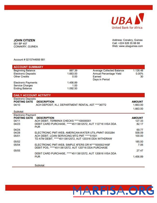 Blank Guinea UBA bank statement word template